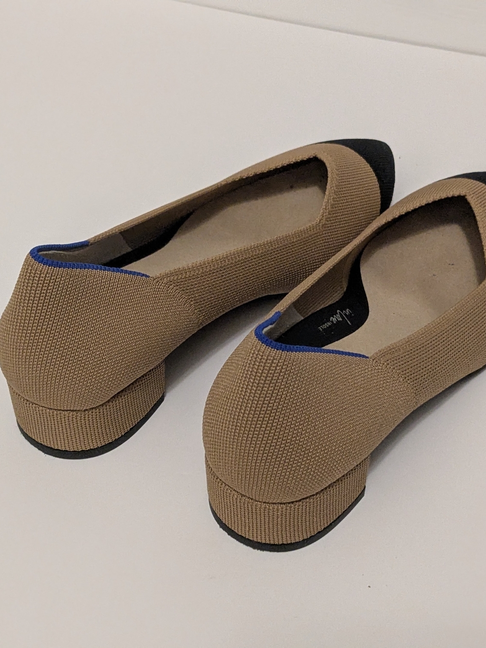 Rothy's Tan Flats with Black Pointed Cap and Blue Trim - Picture 2 of 4